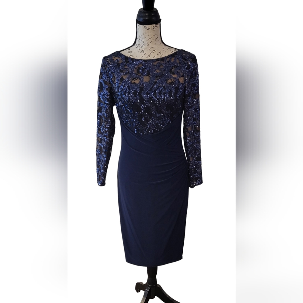 Ralph Lauren Blue Sequined Wrapped Bodycon Cocktail / Semi Formal Dress Size 8